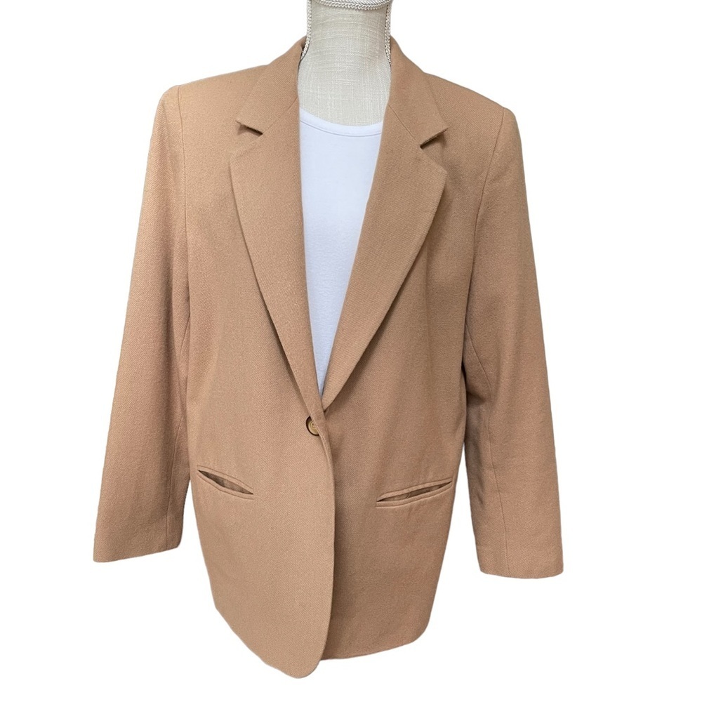Vintage by Sag Harbor 100% Pure Wool One Button Front‎ Tan Blazer Size: 14